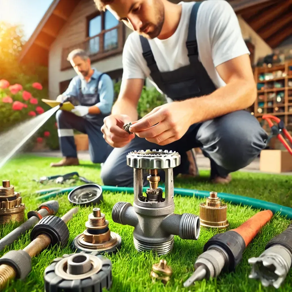A man is working on a sprinkler while another man waters the lawn.