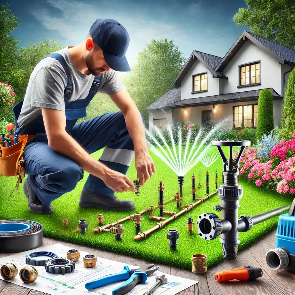 A man is working on a sprinkler system in a garden in front of a house.