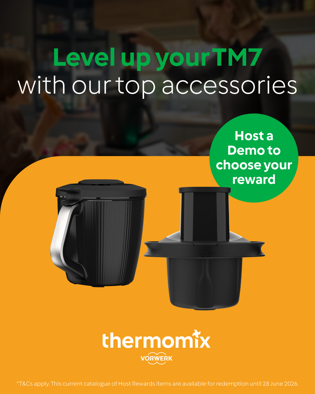 Thermomix promotion with black TM7 accessories on orange background and text “Level up your TM7” — Clare Quintieri Thermomix Consultant in Mareeba, QLD