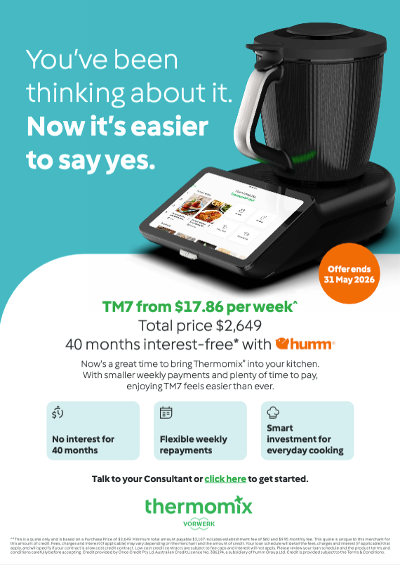 Thermomix kitchen appliance ad on teal background with laptop, pricing, and sale text — Clare Quintieri Thermomix Consultant in Mareeba, QLD