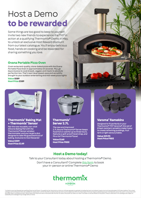 Thermomix host-a-demo flyer with pizza oven, cookbooks, and green-and-purple promo panels — Clare Quintieri Thermomix Consultant in Mareeba, QLD