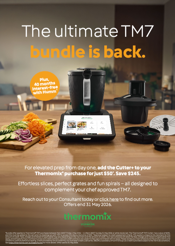 Thermomix TM7 bundle promo with countertop appliances, cookbook, and ingredients on a kitchen table — Clare Quintieri Thermomix Consultant in Mareeba, QLD
