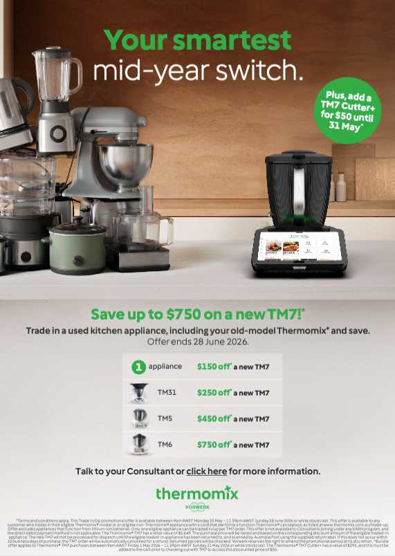 Thermomix kitchen appliance ad with green “Save up to $570” offer and countertop product lineup — Clare Quintieri Thermomix Consultant in Mareeba, QLD