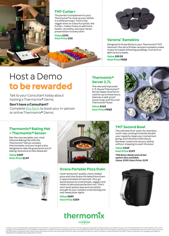 Thermomix promo poster showing a host demo reward offer with cookware, ingredients, and appliance images — Clare Quintieri Thermomix Consultant in Mareeba, QLD
