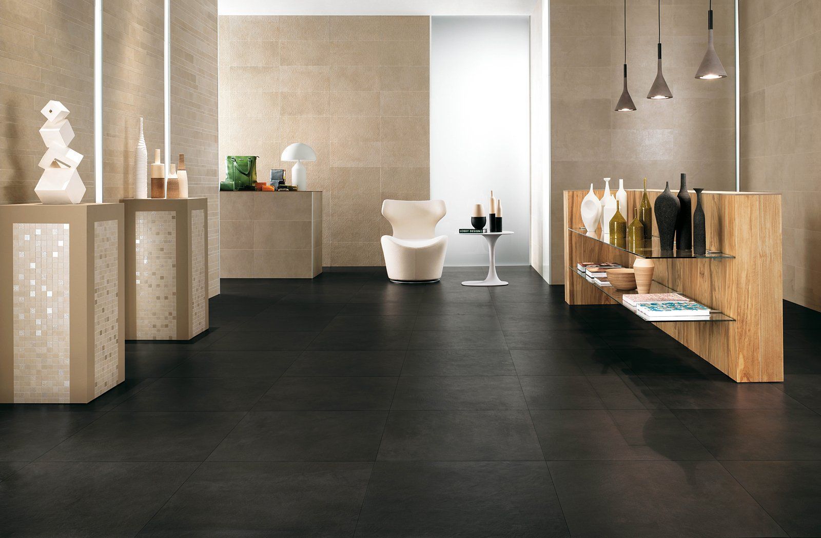 Modern spa interior with black floor, stone pedestals, wooden shelves, and a white chair by a doorway