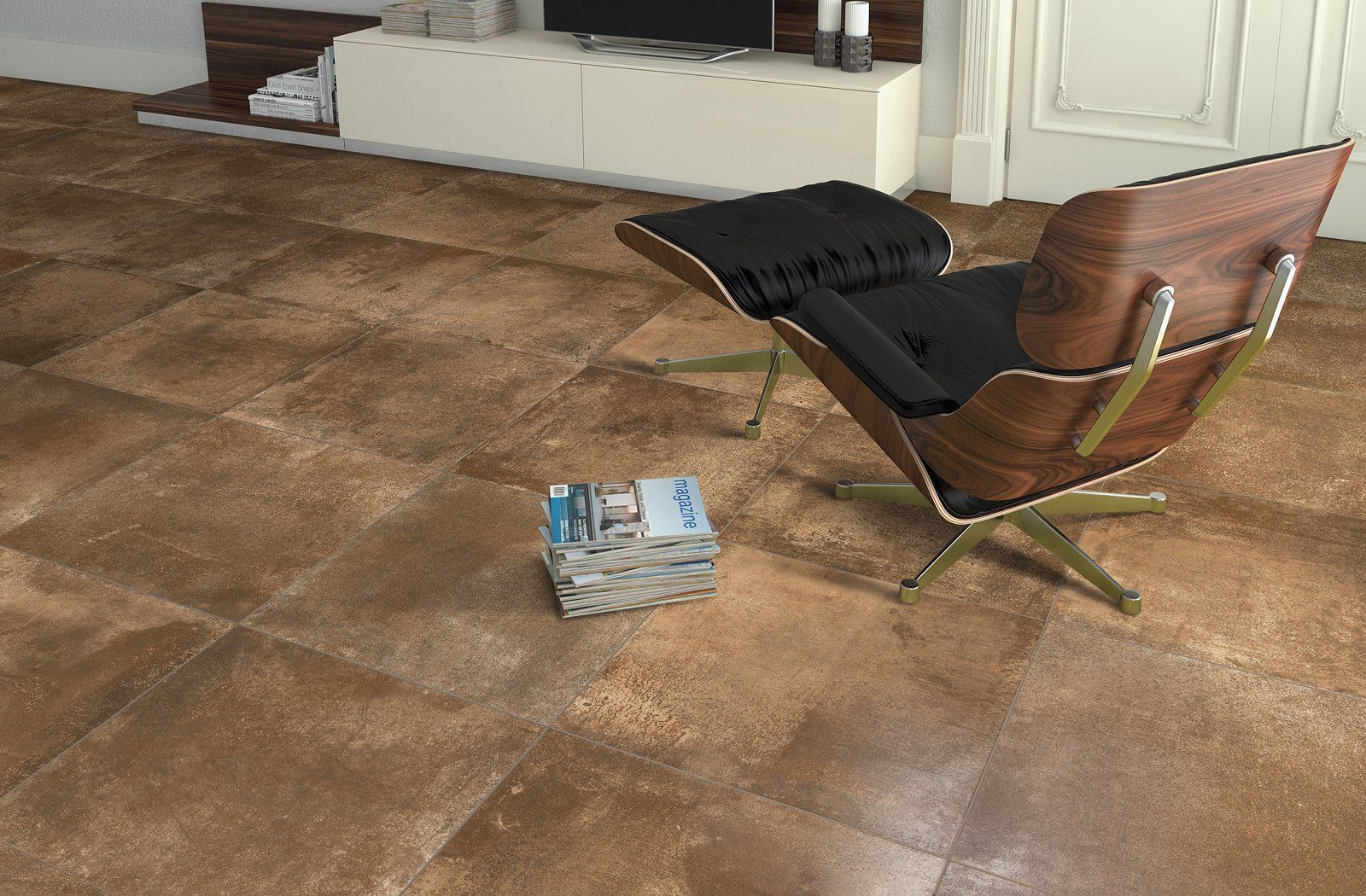 A pile of cash on a tiled floor beside a brown chair with a black footrest.