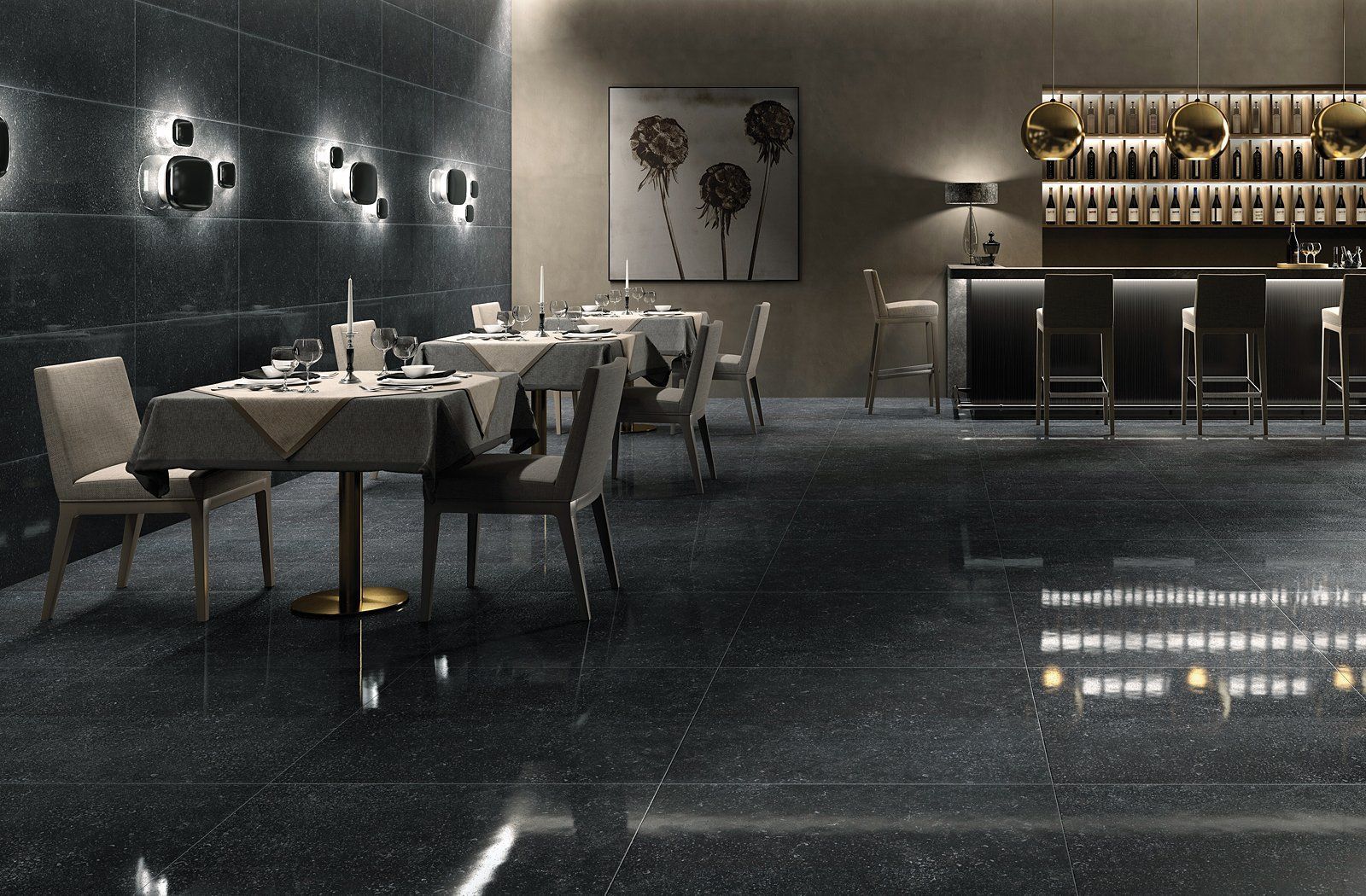 Dim modern restaurant interior with set tables, chairs, wall lights, and a backlit bar.