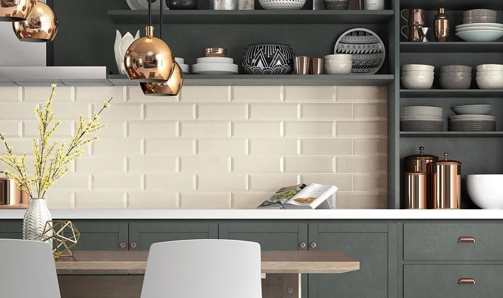 Modern kitchen with gray cabinets, white tile backsplash, open shelves, and copper pendant lights