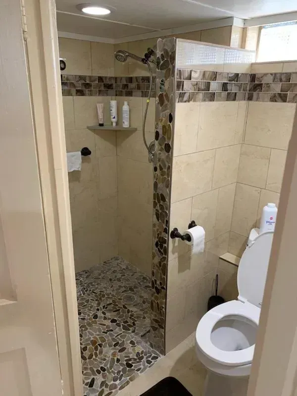 Small bathroom with a tiled walk-in shower, toilet, and beige walls.