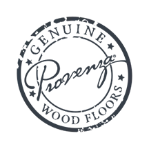 Round black-and-white logo reading “Provenzio Genuine Wood Floors” with stars around the border