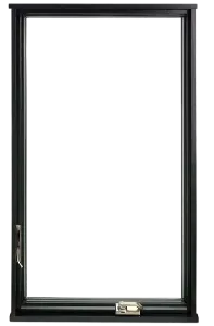 Black-framed casement window with clear glass on a white background