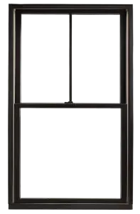 Black-framed window with a divided upper sash and a large lower pane