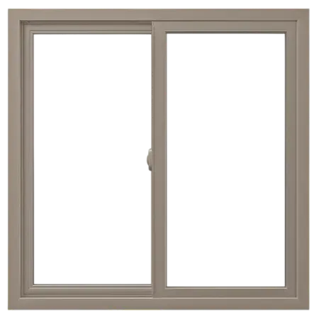 Beige sliding window with two glass panes and a central handle