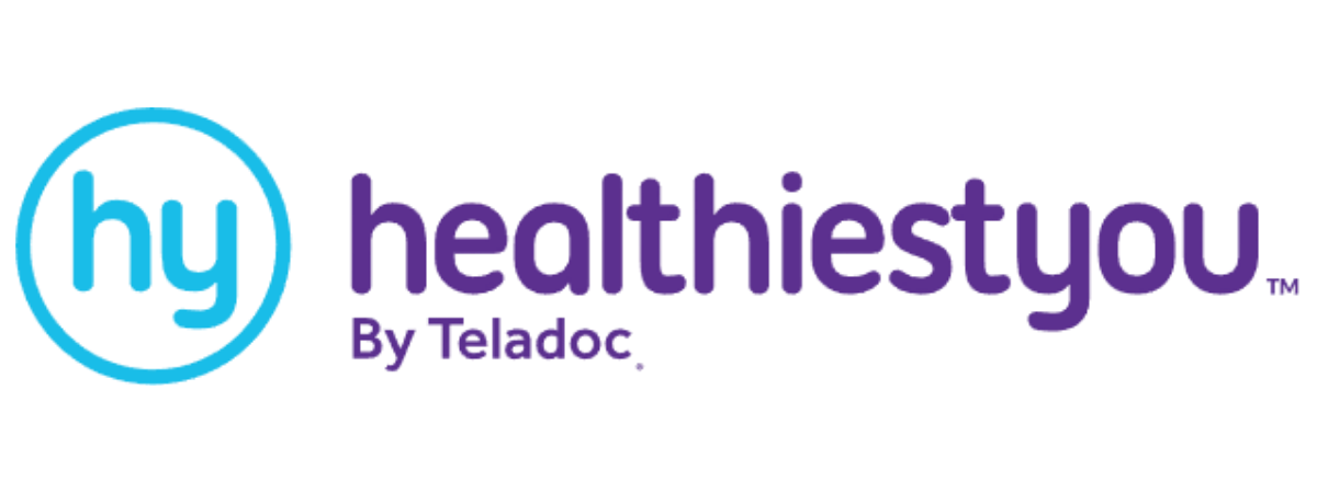 HealthiestYou by Teladoc logo with blue “hy” icon and purple text