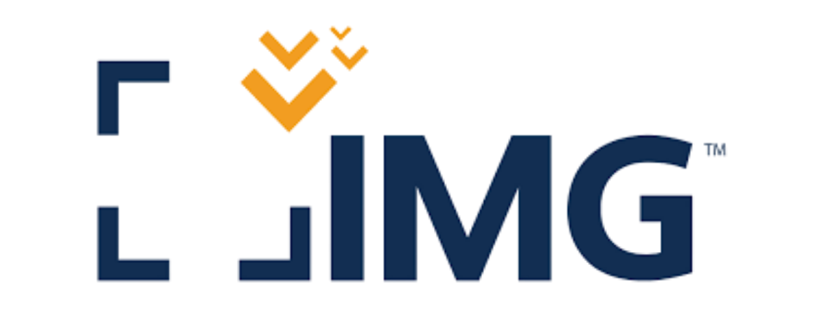 IMG logo in dark blue with orange geometric mark on white background