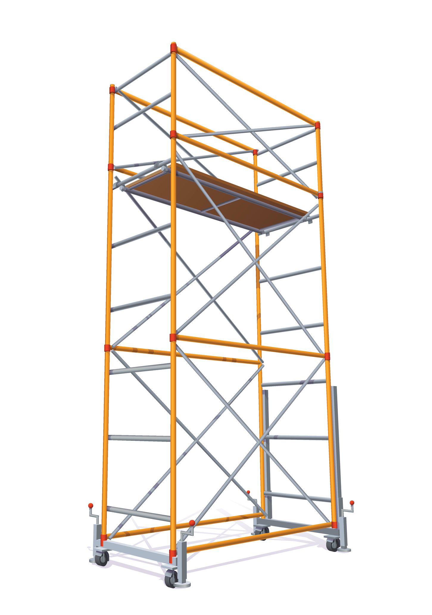 Two construction workers climbing scaffolding at sunset. Silhouettes against orange and blue sky.
