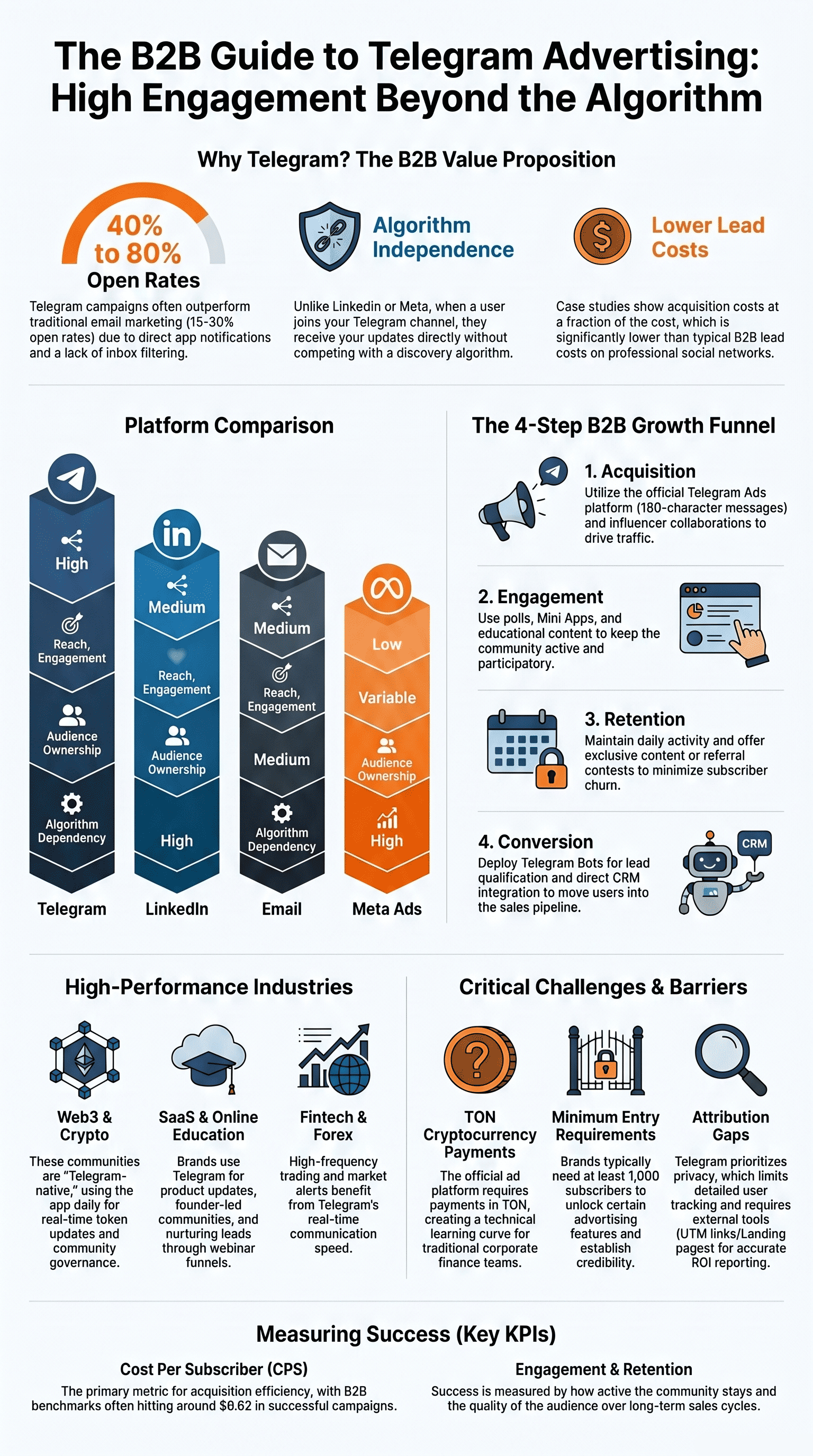 B2B telegram advertising services guide comparing platforms, growth funnel steps, industries, and key performance metrics.