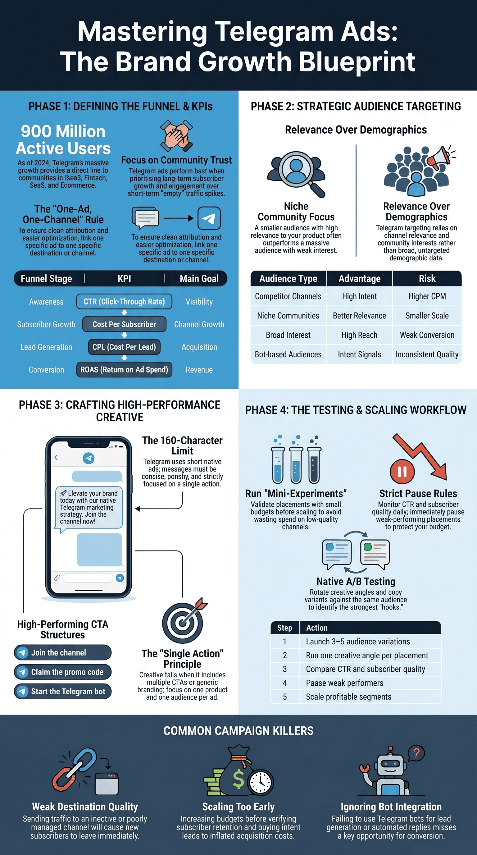 Four-phase blueprint for telegram advertising planning for brands covering funnel setup, targeting, creatives, and scaling