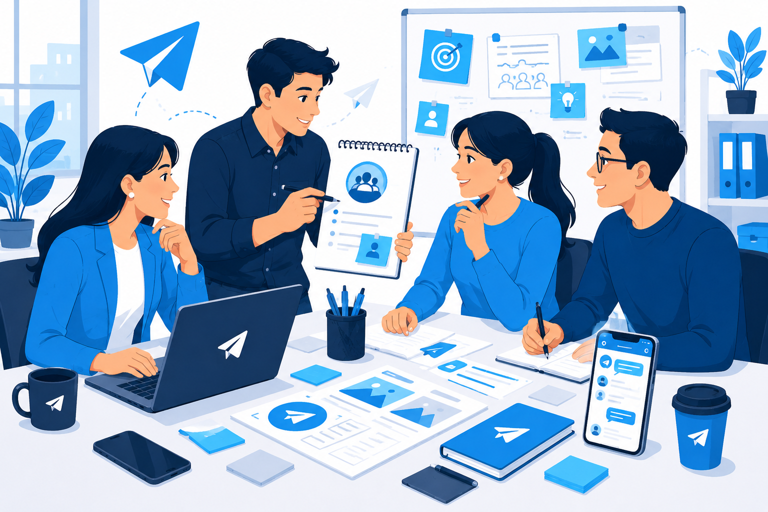 Team onboarding a Telegram advertising agency by reviewing audience strategy, campaign planning, and creative assets.