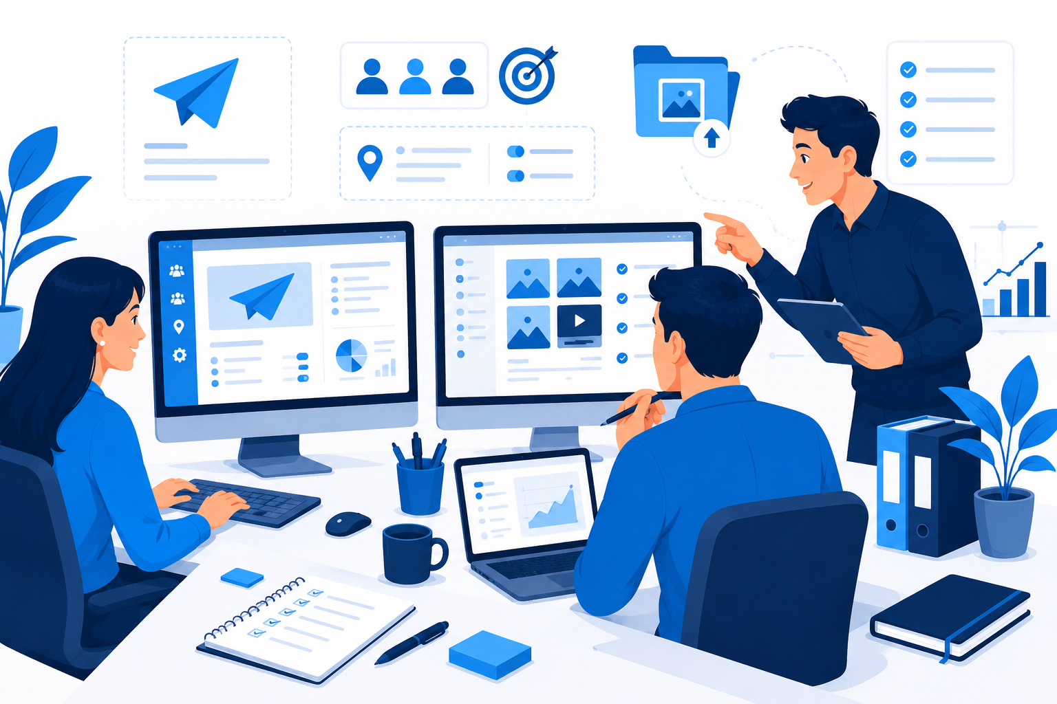 Kickoff process with telegram ad agency for campaign setup, creative preparation, audience targeting, and tracking configuration.