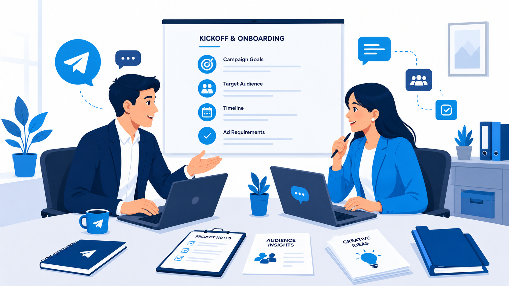 What happens after hiring a Telegram agency with business and team discussing campaign kickoff strategy 