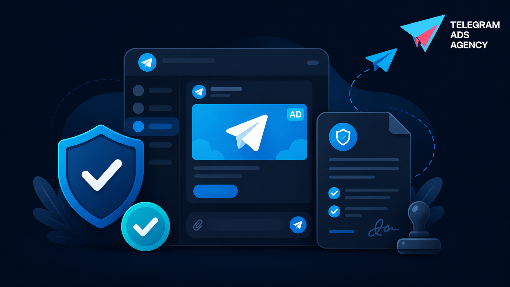 Telegram Ads Compliance illustration showing policy-safe advertising, campaign approval, and secure 