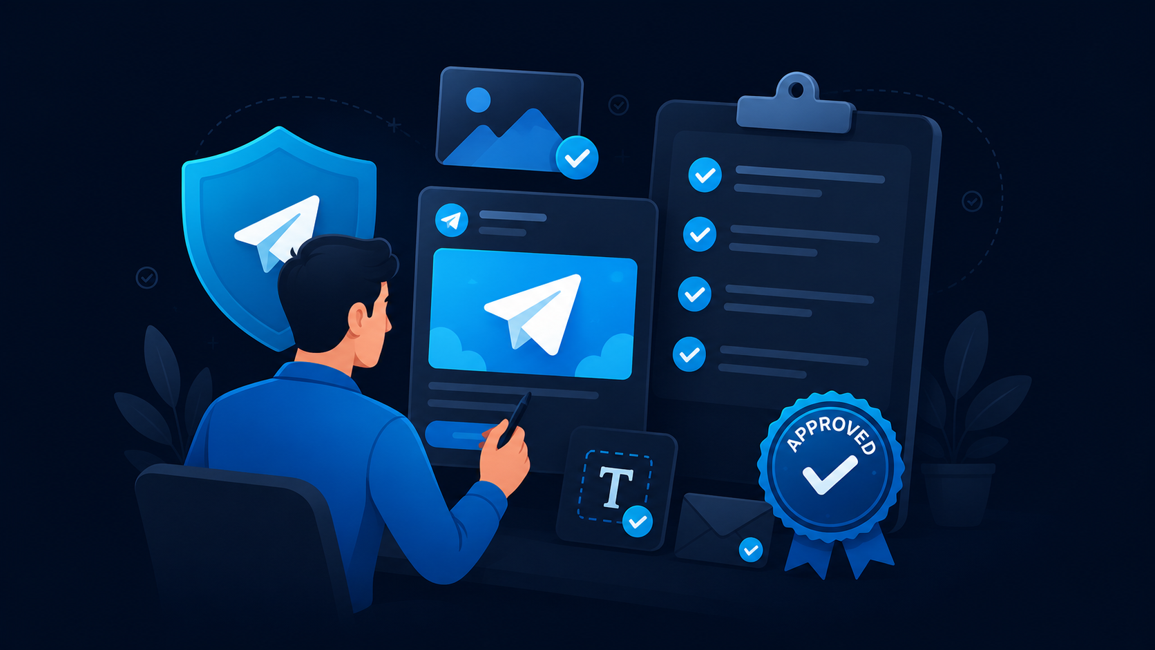 Telegram Ads Compliance review process with campaign approval checklist and policy verification. 