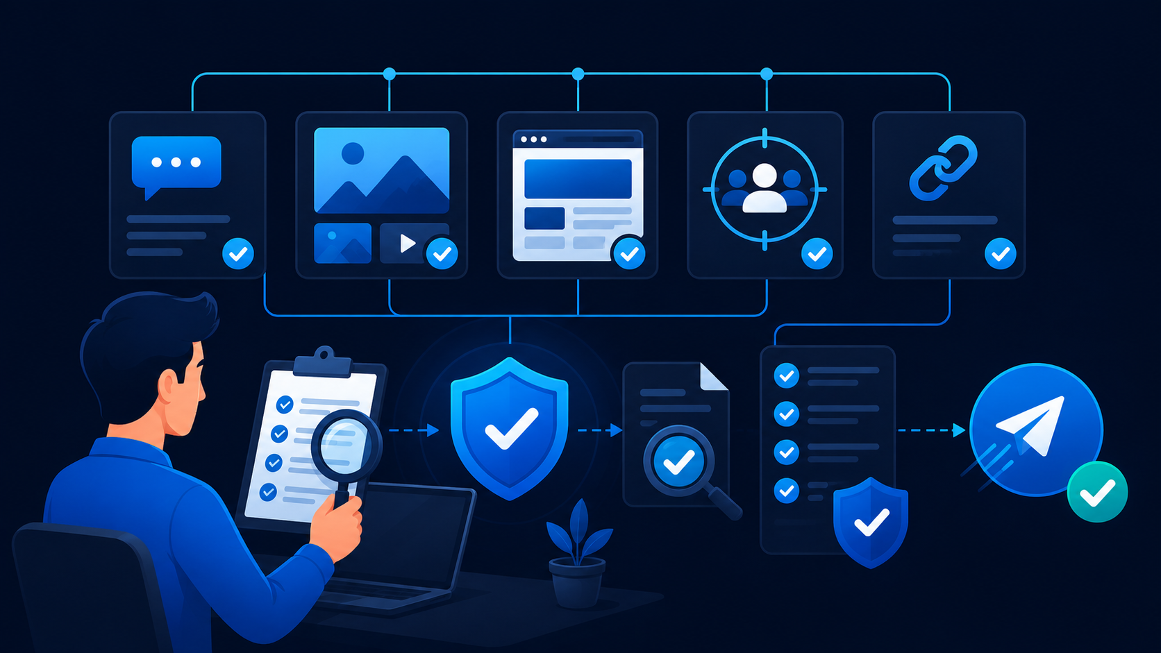 Telegram ad policy administration process reviewing ad copy, landing pages, and campaign compliance before submission.