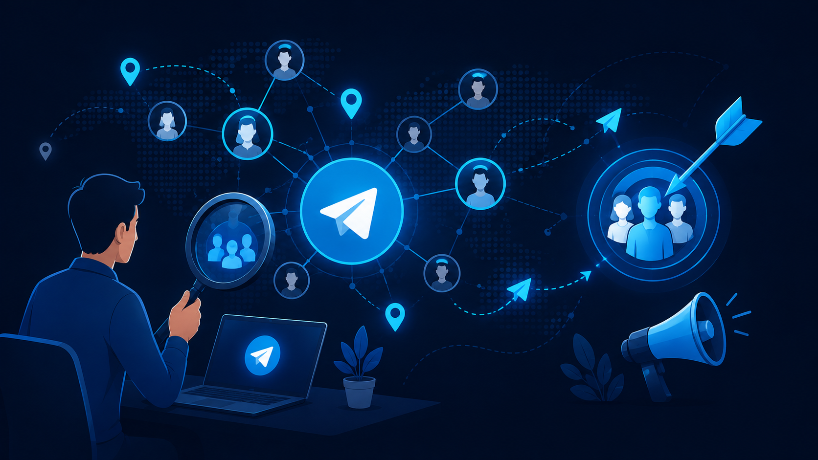 Telegram advertising growth planning with audience analysis and targeted campaign strategy vector illustration