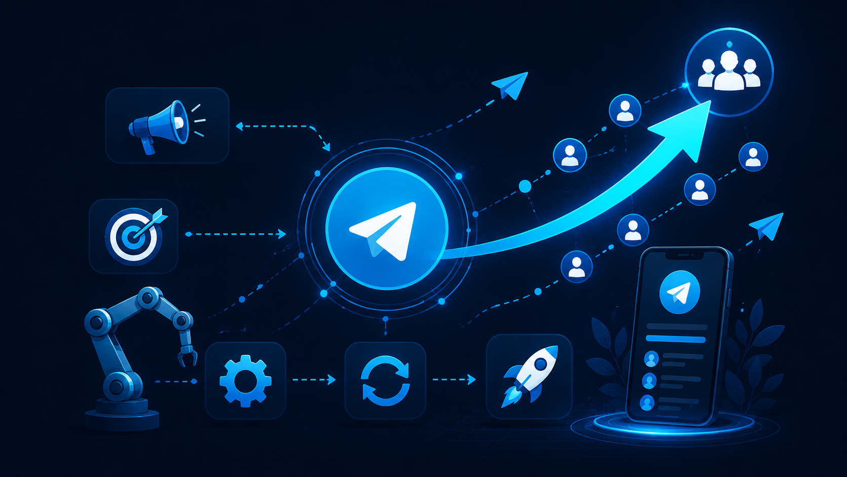 Telegram advertising growth planning campaign optimization automation and scaling vector illustration