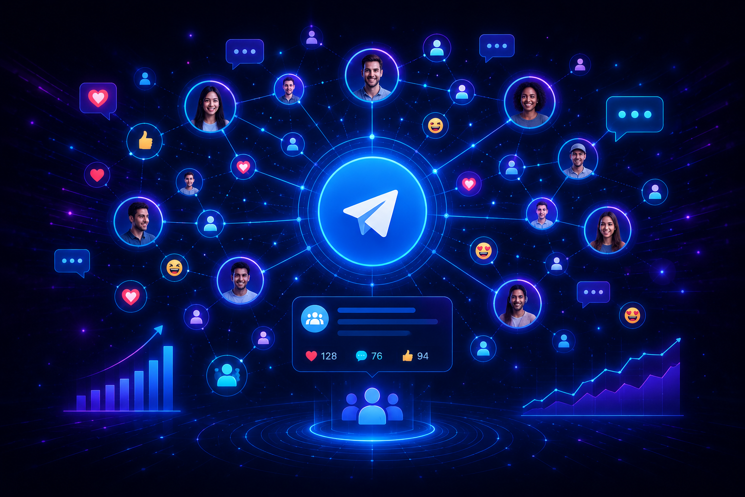 Telegram community growth visualization showing connected users, engagement icons, and a central channel symbol on a dark neon background.