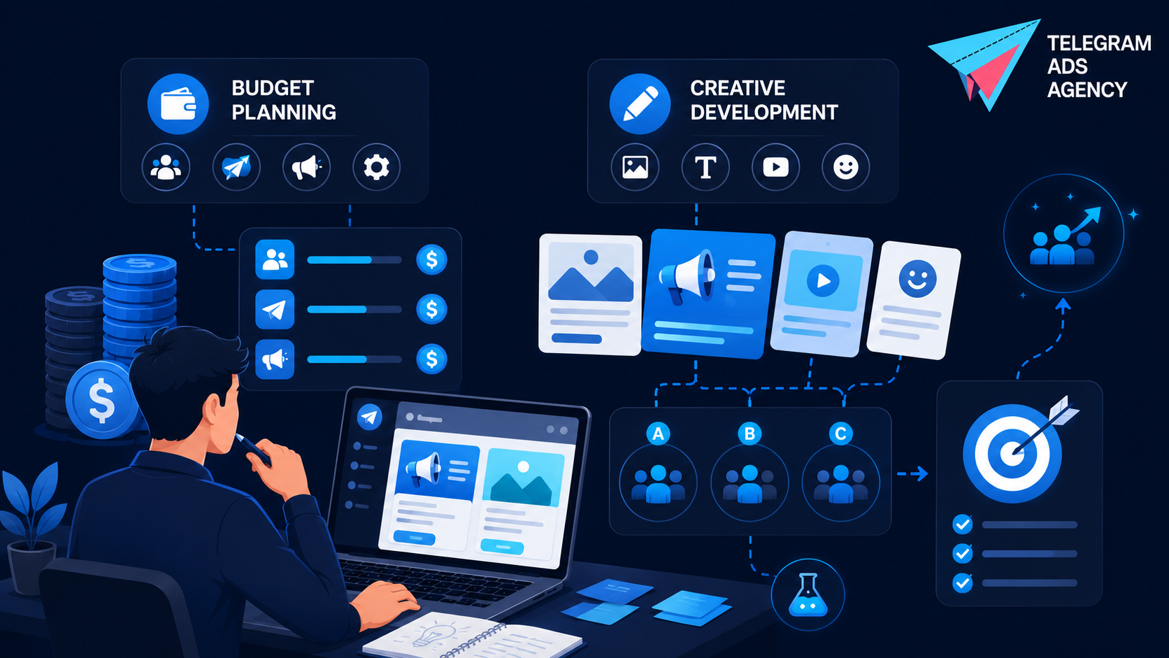 Budget planning and creative development in a framework for Telegram ads strategy