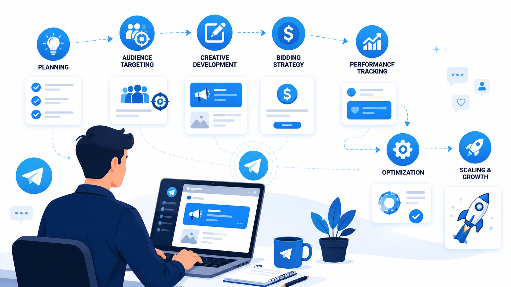 Framework for Telegram ads strategy with campaign planning, targeting, optimization, and scaling