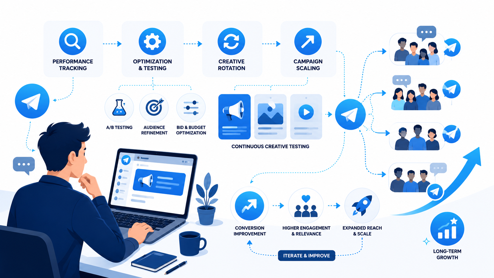 Performance tracking and campaign scaling in a framework for Telegram ads strategy