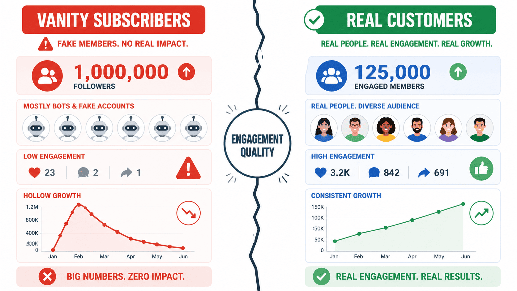 Enterprise telegram marketing agency comparing vanity subscribers with fake bots versus real engaged customer growth results.