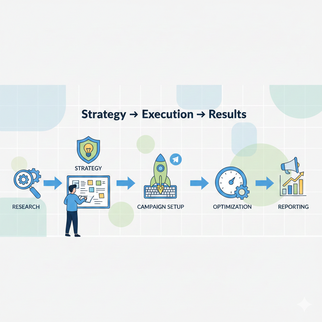A step-by-step agency workflow laid out visually from left to right