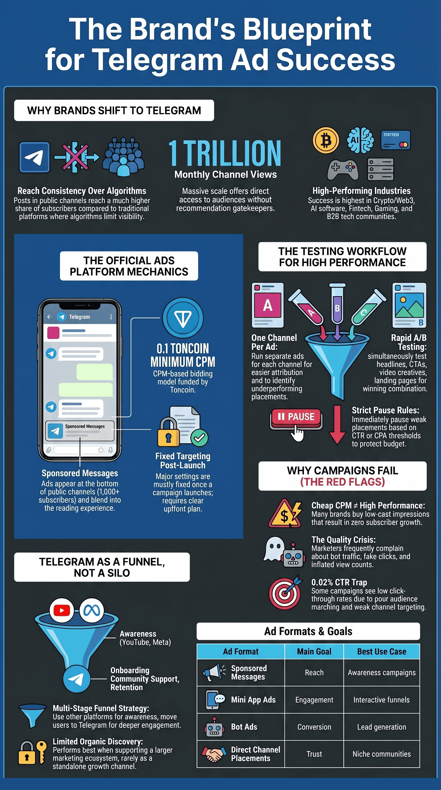 How brands implement Telegram ads with a strategic blueprint covering funnel mechanics, testing workflows, and ad format selection