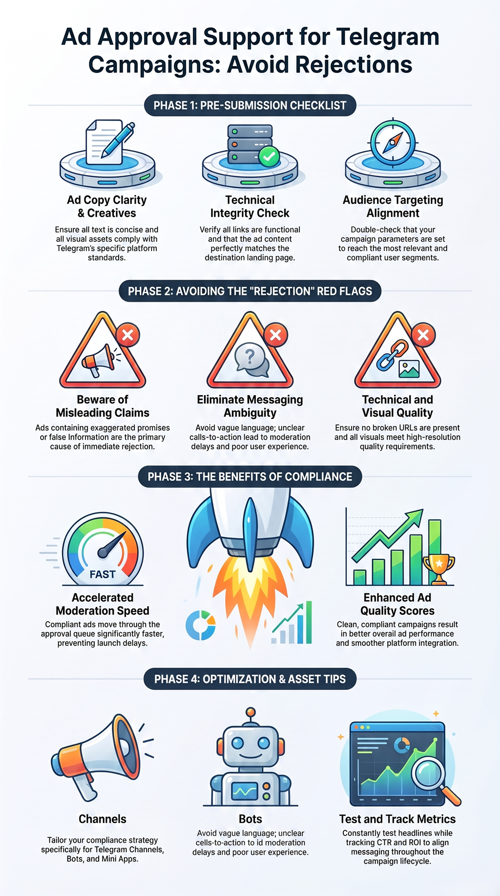 Ad approval support for Telegram campaigns infographic showing compliance, review, and optimization