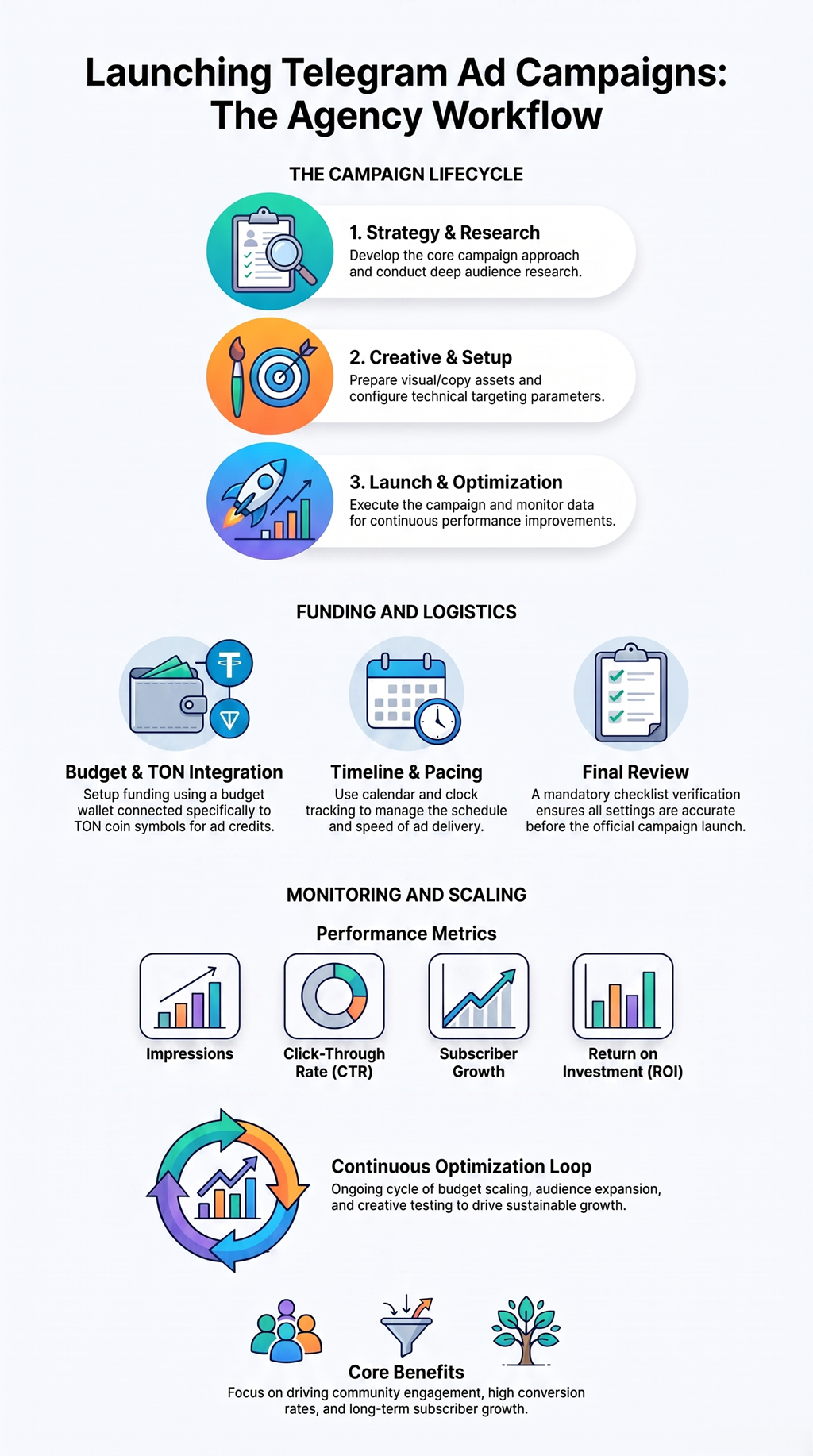Launching Telegram ad campaigns after hiring an agency through strategy, campaign setup, optimization, performance monitoring, and scalable business growth.
