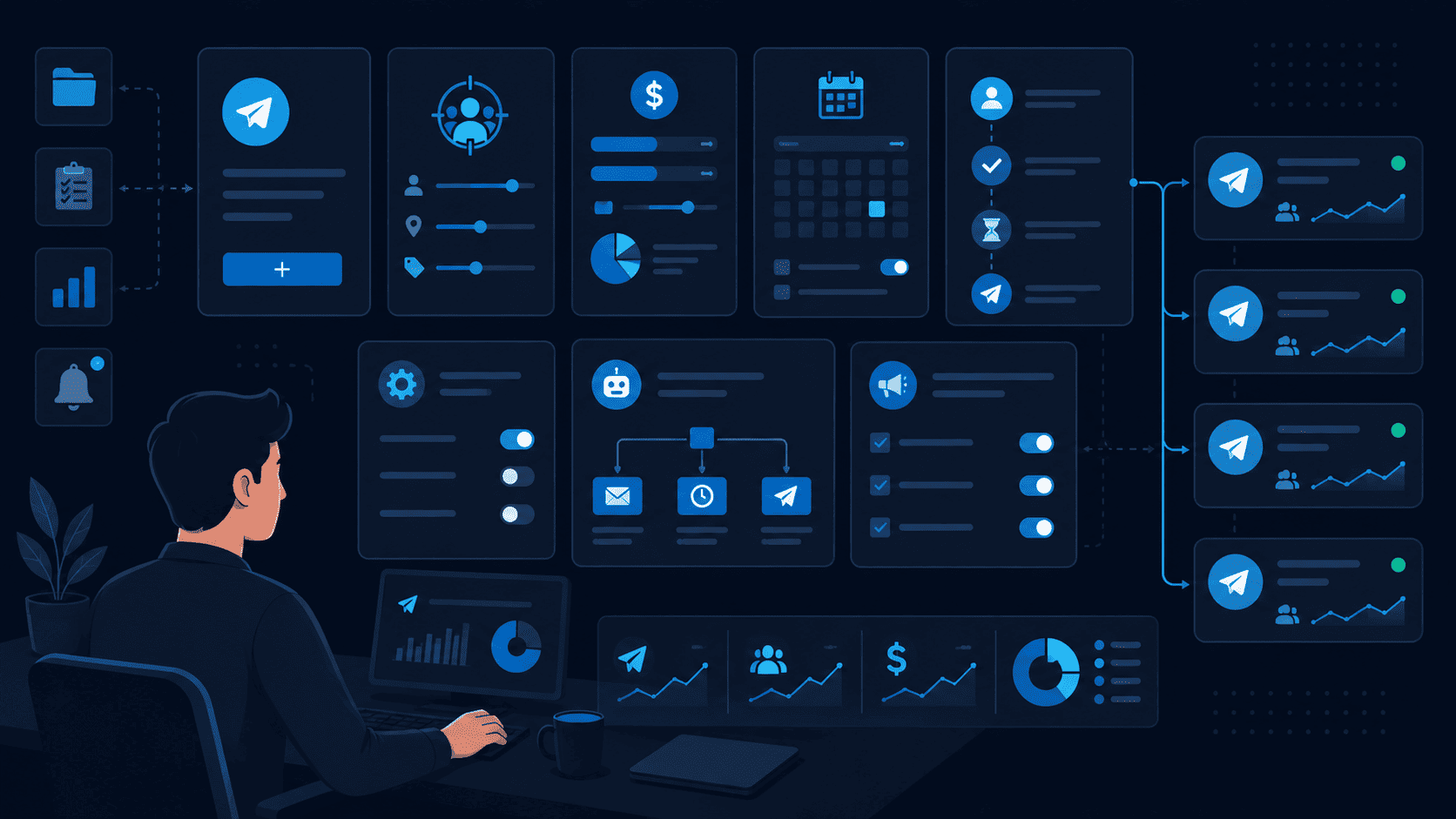 Marketer reviewing performance graphs and funnels while Managing Telegeram Ads Campaign Effectively for growth. 