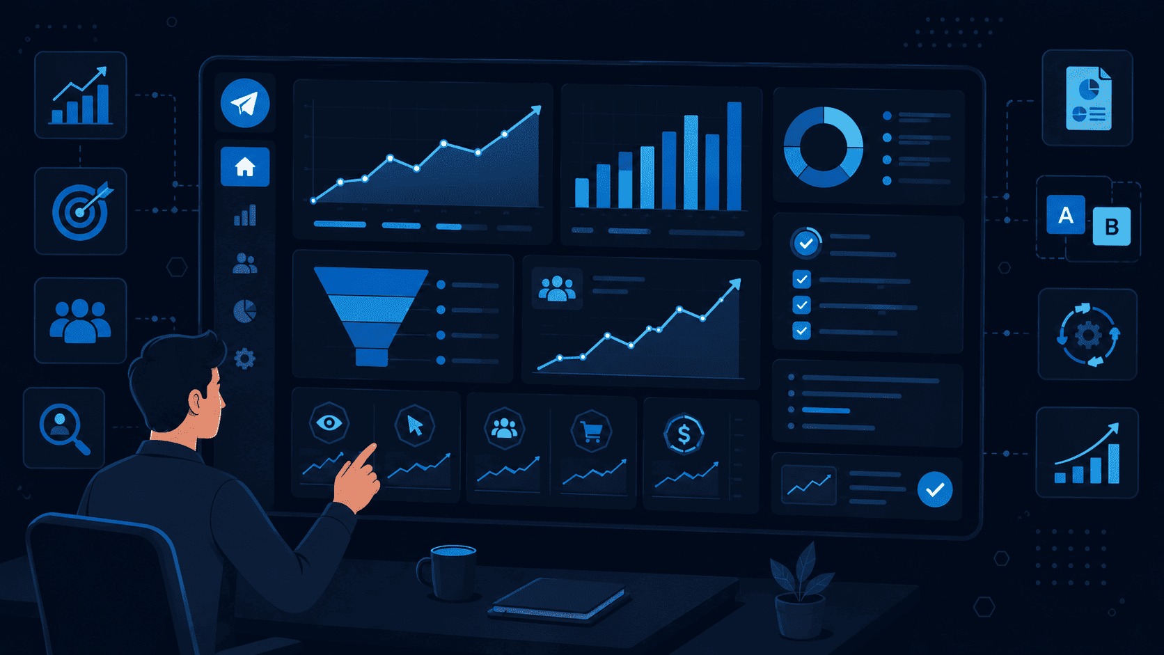 Marketer reviewing performance graphs and funnels while Managing Telegeram Ads Campaign Effectively for growth. 