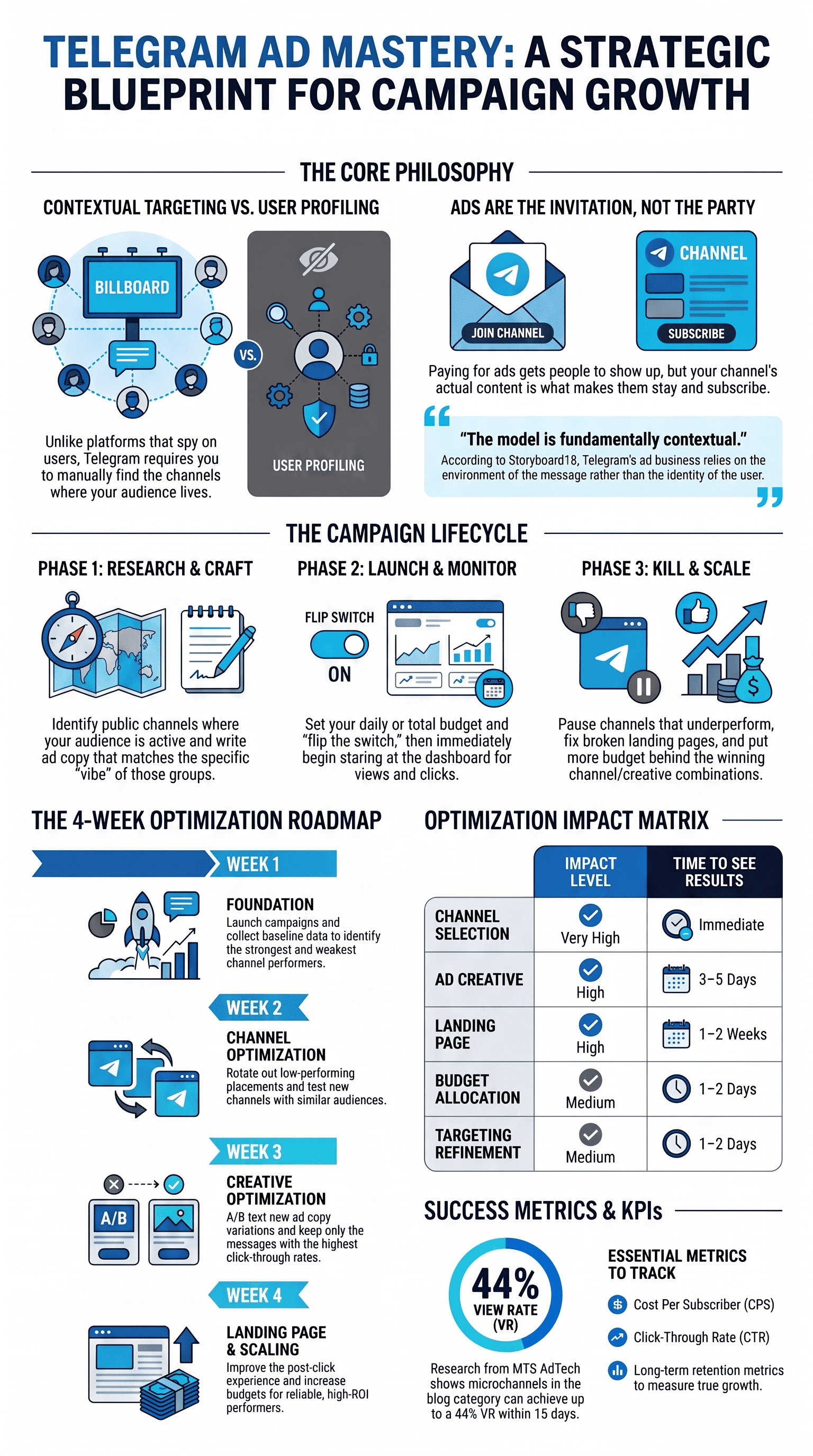 Infographic guide on Managing Telegeram Ads Campaign Effectively with targeting, lifecycle, and optimization steps. 