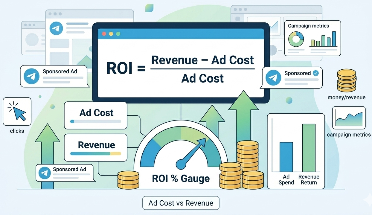 Flat design illustration showing a ROI formula and metrics for measuring Telegram ads campaign ROI.