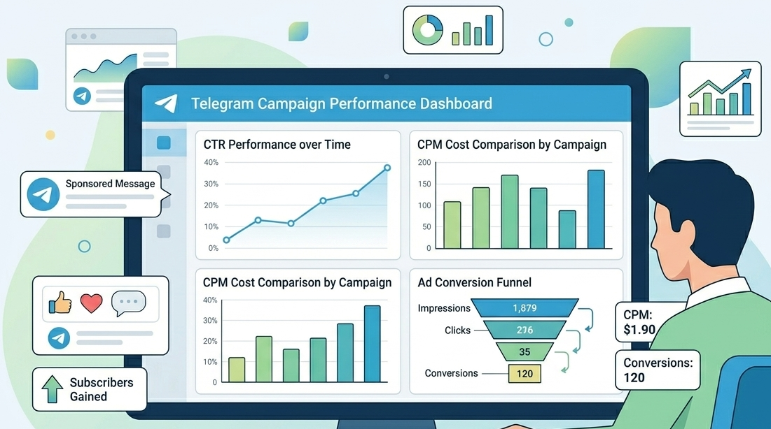 Digital workspace showing a conversion funnel and charts for measuring Telegram ads campaign ROI.