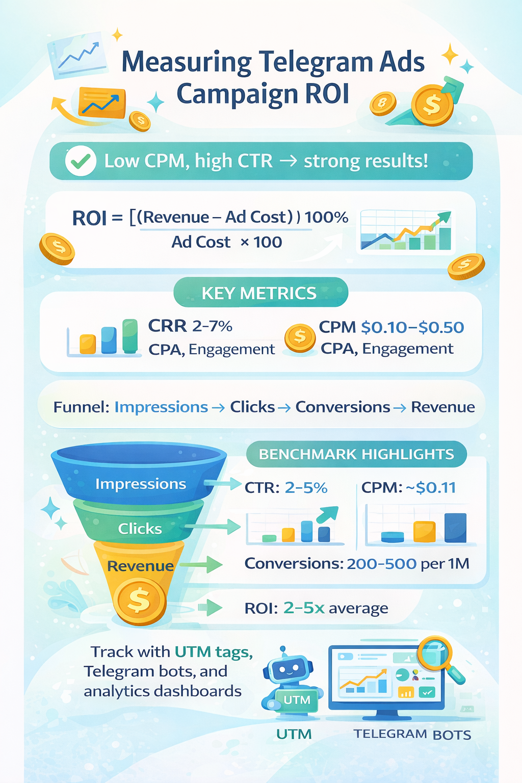 Analytics dashboard with engagement stats and cost comparisons for measuring Telegram ads campaign ROI.