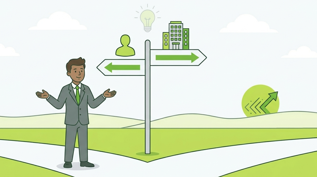 Marketing professional at a crossroad choosing between freelancer and agency for a Telegram Ads Agency Comparison.