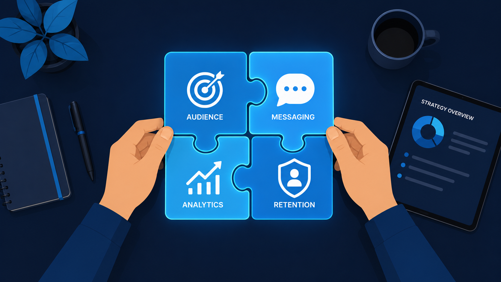 Telegram Ads Strategy puzzle pieces showing audience, messaging, analytics, and retention connected together 