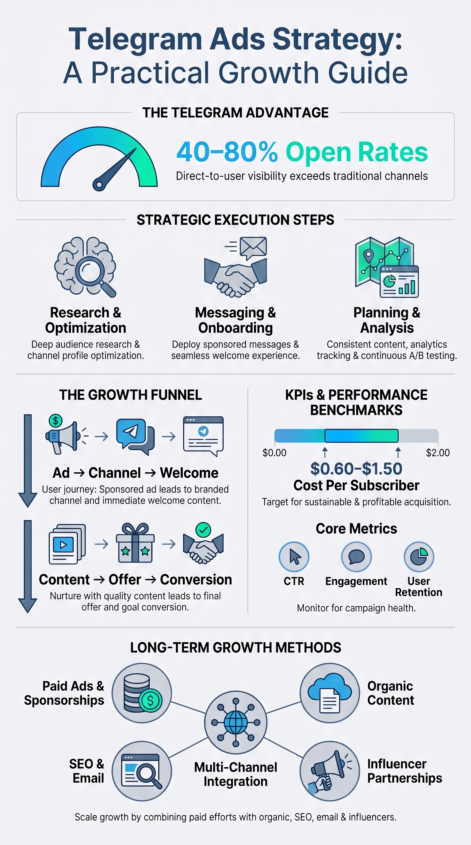 Infographic detailing Telegram Ads Strategy steps, growth funnel, KPIs, and long-term scaling methods 