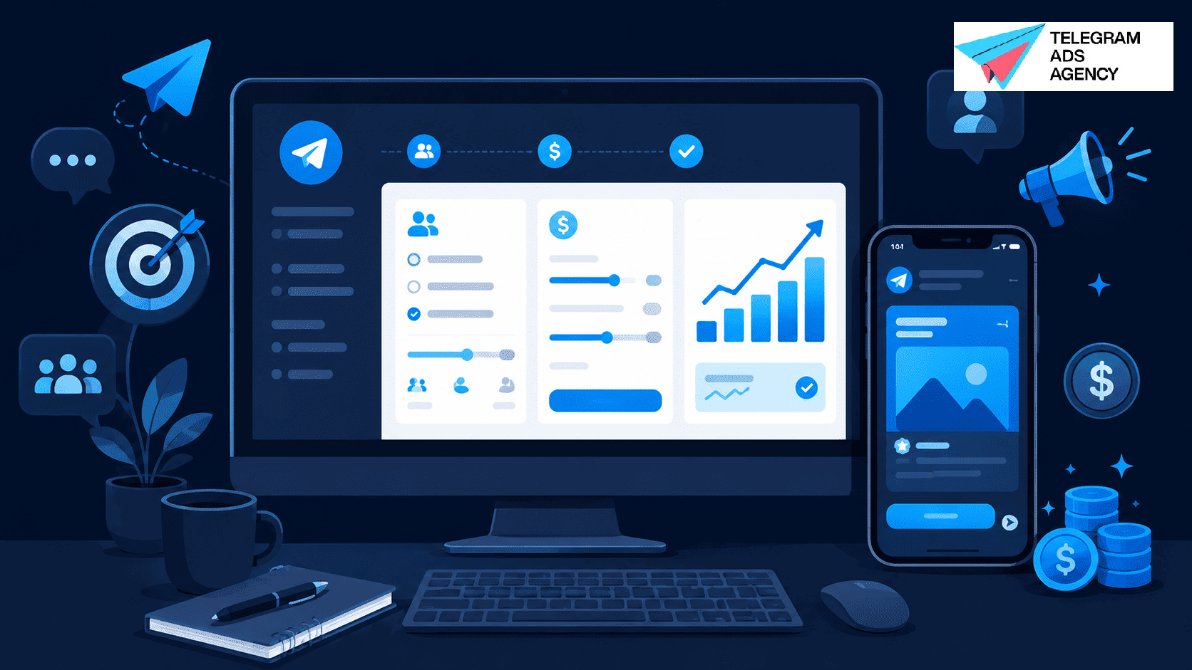 Telegram Ads Strategy dashboard on desktop and phone showing audience targeting, budget sliders, and