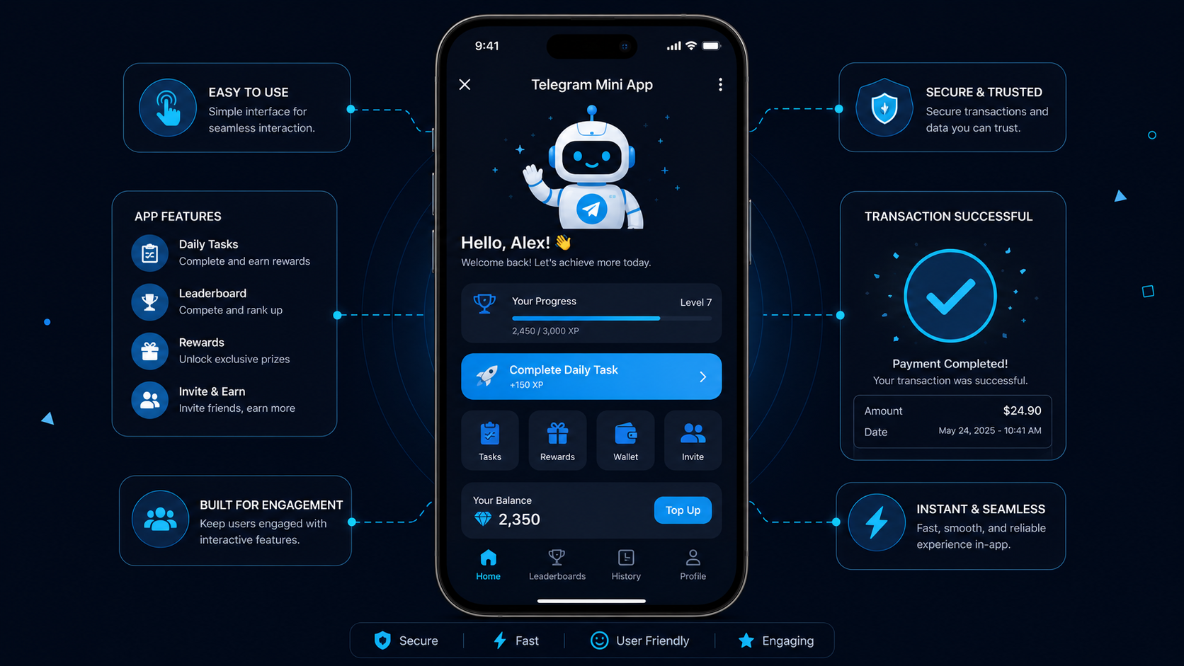 Mobile app screen demonstrating advanced telegram advertising techniques through rewards, tasks, and secure payments 